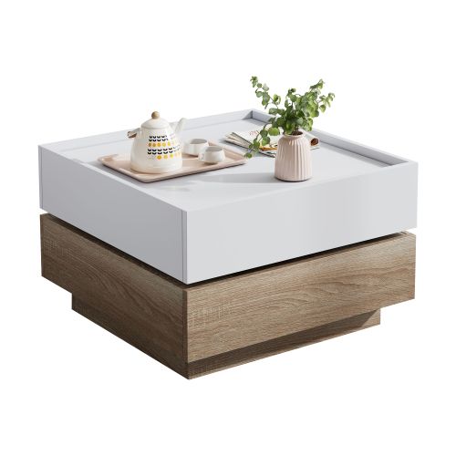 Table Basse Carré Blanche Et Bois Avec Plateau Rotatif à 360° Et 2 Tiroirs, Table Basse Pour Salon