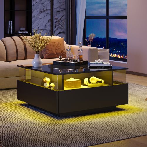 Table Basse Carré Noire Avec LED, Panneau En Acrylique Et 2 Tiroirs, Table Basse Pour Salon
