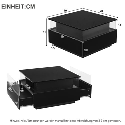 Table Basse Carré Noire Avec LED, Panneau En Acrylique Et 2 Tiroirs, Table Basse Pour Salon