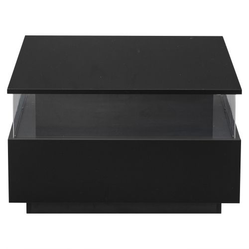 Table Basse Carré Noire Avec LED, Panneau En Acrylique Et 2 Tiroirs, Table Basse Pour Salon