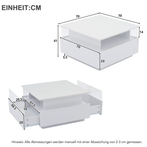 Table Basse Carré Blanche Avec LED, Panneau En Acrylique Et 2 Tiroirs, Table Basse Pour Salon