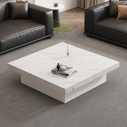 Table Basse Carrée Blanche Avec 4 Espaces De Rangements, Plateau Coulissant, En Placage De Marbre