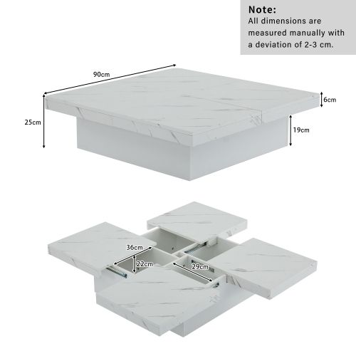 Table Basse Carrée Blanche Avec 4 Espaces De Rangements, Plateau Coulissant, En Placage De Marbre