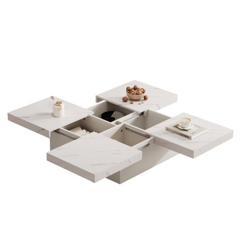 Table Basse Carrée Blanche Avec 4 Espaces De Rangements, Plateau Coulissant, En Placage De Marbre