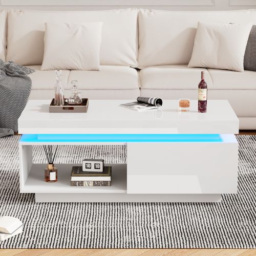 Table Basse Rectangulaire Blanche Avec Éclairage LED, Tiroir Et Rangement Ouvert
