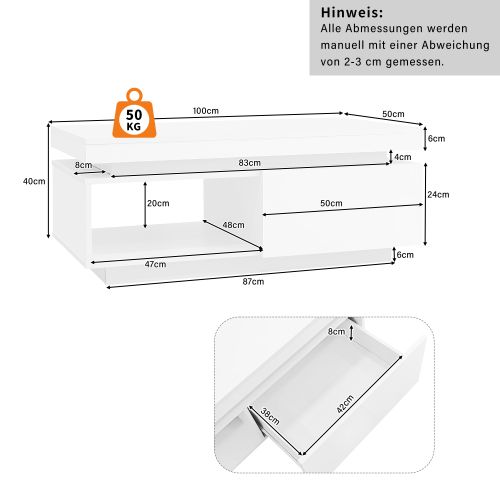 Table Basse Rectangulaire Blanche Avec Éclairage LED, Tiroir Et Rangement Ouvert