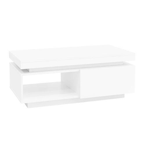 Table Basse Rectangulaire Blanche Avec Éclairage LED, Tiroir Et Rangement Ouvert