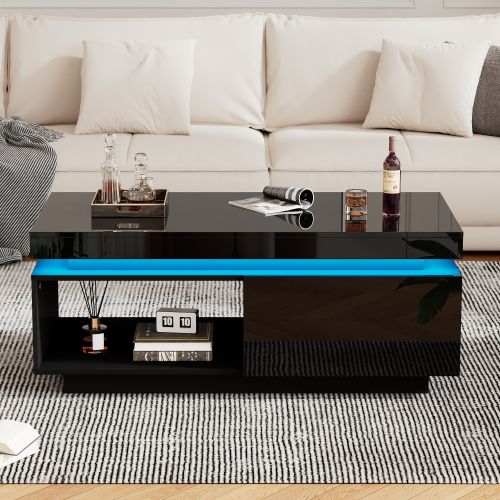 Table Basse Rectangulaire Noire Avec Éclairage LED, Tiroir Et Rangement Ouvert