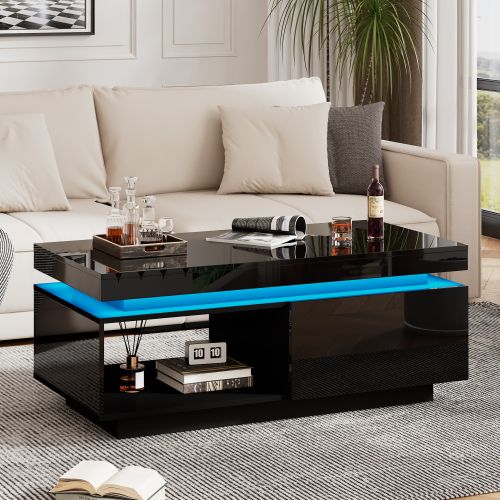 Table Basse Rectangulaire Noire Avec Éclairage LED, Tiroir Et Rangement Ouvert