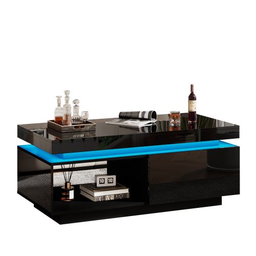 Table Basse Rectangulaire Noire Avec Éclairage LED, Tiroir Et Rangement Ouvert