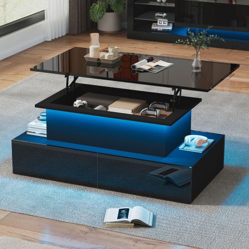 Table Basse Relevable Rectangulaire Noire Avec Éclairage LED, 4 Tiroirs Et Espace De Rangement