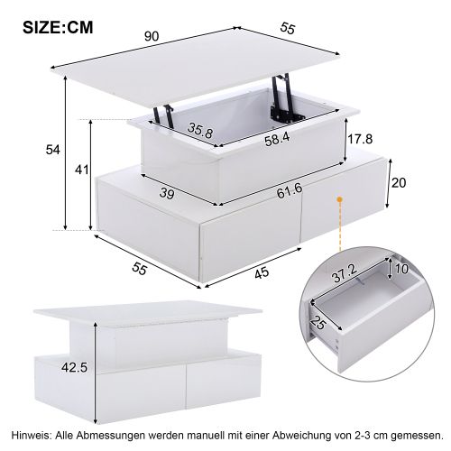 Table Basse Relevable Rectangulaire Blanche Avec Éclairage LED, 4 Tiroirs Et Espace De Rangement