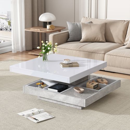 Table Basse Carré Blanche Avec Plateau Rotatif à 360°, 4 Compartiments De Rangement