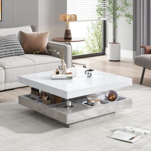 Table Basse Carré Blanche Avec Plateau Rotatif à 360°, 4 Compartiments De Rangement