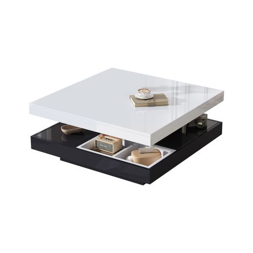 Table Basse Carré Blanche Et Noire Avec Plateau Rotatif à 360°, 4 Compartiments De Rangement