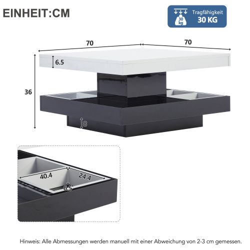 Table Basse Carré Blanche Et Noire Avec Plateau Rotatif à 360°, 4 Compartiments De Rangement