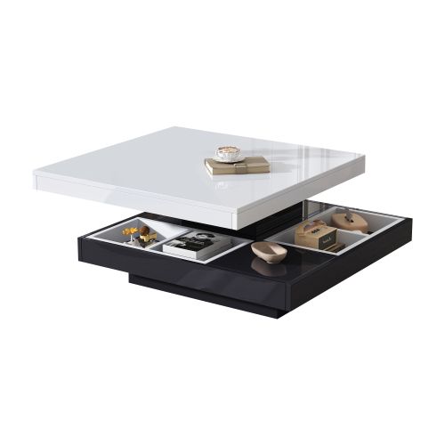 Table Basse Carré Blanche Et Noire Avec Plateau Rotatif à 360°, 4 Compartiments De Rangement