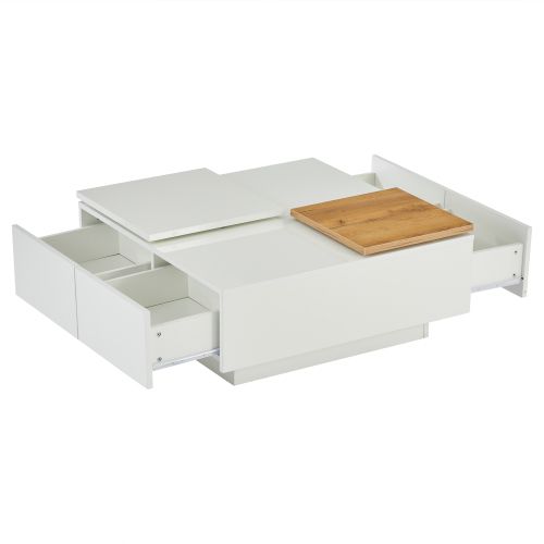 Table Basse Carrée Blanche Avec 4 Tiroirs, 2 Petits Plateaux Coulissants, Table Basse Pour Salon