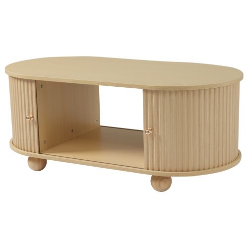 Table Basse Ovale Bois Avec Rangement Et Portes Coulissantes, Pieds Ronds En Boule