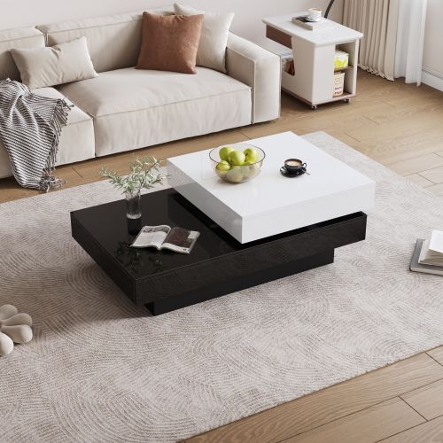 Table Basse Rectangulaire Rotative Avec Coutures Noires Et Blanche, Table Basse Pour Salon