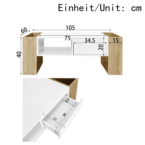 Table Basse Rectangulaire Blanche Et Bois Avec Tiroir Et Compartiments Ouverts