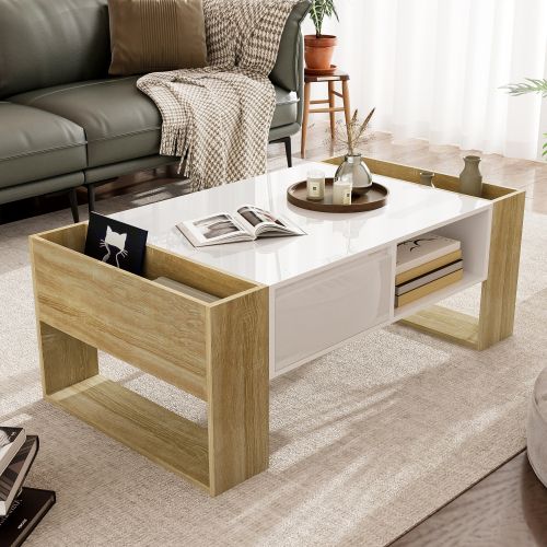 Table Basse Rectangulaire Blanche Et Bois Avec Tiroir Et Compartiments Ouverts