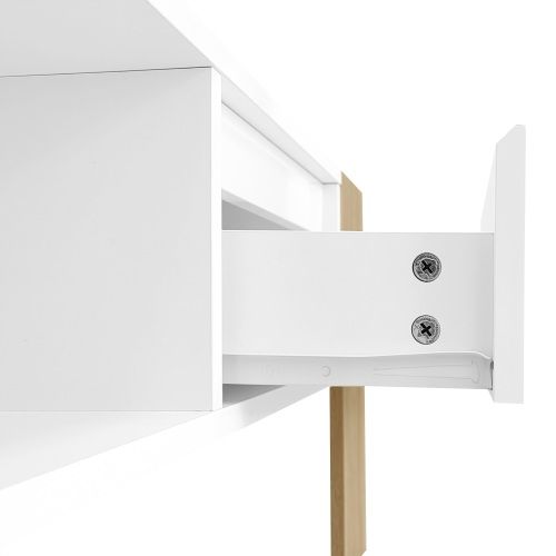 Table Basse Rectangulaire Blanche Et Bois Avec Tiroir Et Compartiments Ouverts