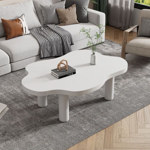 Table Basse En Forme De Nuage, Design Irrégulier, 4 Pieds Cylindriques, Blanc
