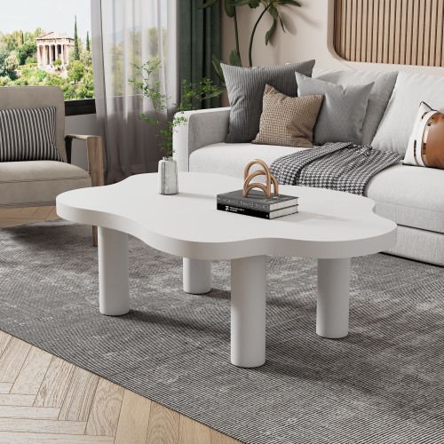 Table Basse En Forme De Nuage, Design Irrégulier, 4 Pieds Cylindriques, Blanc