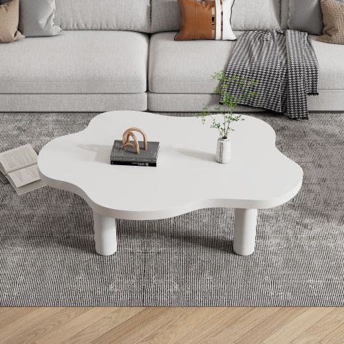 Table Basse En Forme De Nuage, Design Irrégulier, 4 Pieds Cylindriques, Blanc