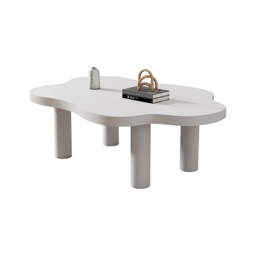 Table Basse En Forme De Nuage, Design Irrégulier, 4 Pieds Cylindriques, Blanc