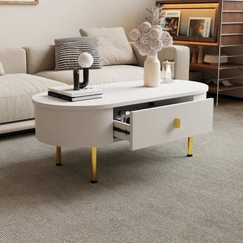 Table Basse Blanche Avec 2 Tiroirs, Coins Incurvés, Poignées Et Pieds Dorés