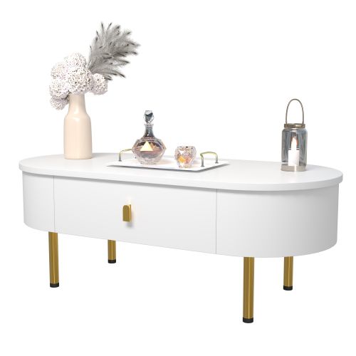 Table Basse Blanche Avec 2 Tiroirs, Coins Incurvés, Poignées Et Pieds Dorés