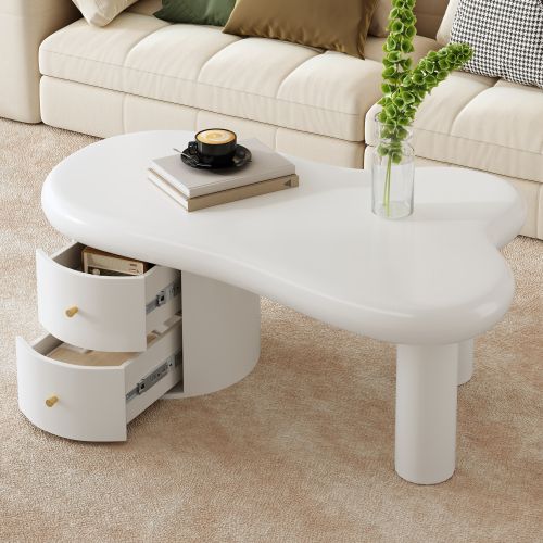 Table Basse De Forme Irrégulière, 2 Tiroirs, Poignées Dorées, Blanc