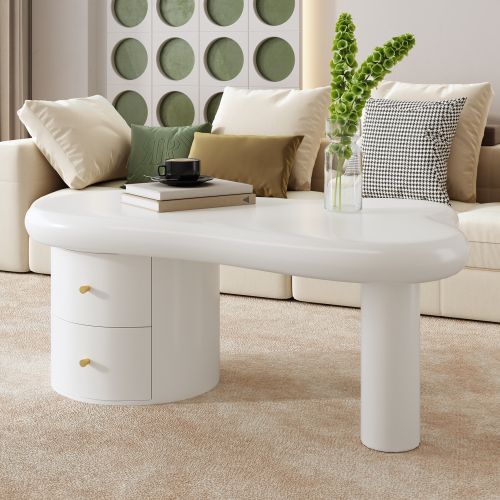 Table Basse De Forme Irrégulière, 2 Tiroirs, Poignées Dorées, Blanc