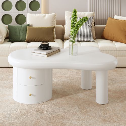 Table Basse De Forme Irrégulière, 2 Tiroirs, Poignées Dorées, Blanc