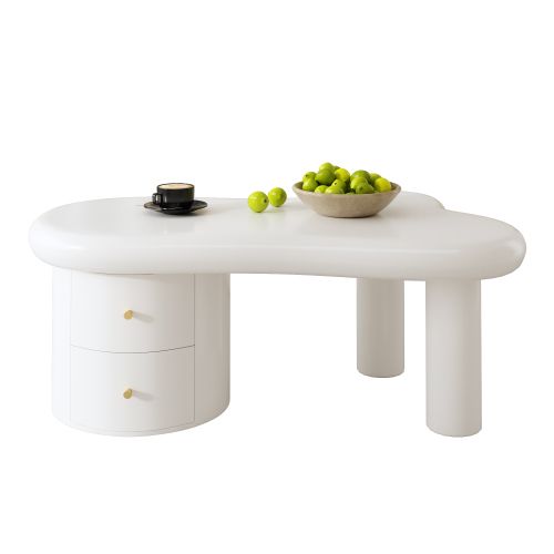 Table Basse De Forme Irrégulière, 2 Tiroirs, Poignées Dorées, Blanc
