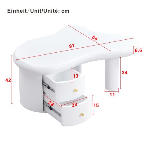 Table Basse De Forme Irrégulière, 2 Tiroirs, Poignées Dorées, Blanc