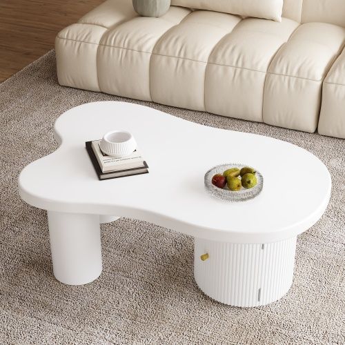 Table Basse Asymétrique Avec 1 Meuble De Rangement Et 2 Pieds De Support Ronds Creux, Blanc