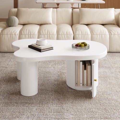 Table Basse Asymétrique Avec 1 Meuble De Rangement Et 2 Pieds De Support Ronds Creux, Blanc