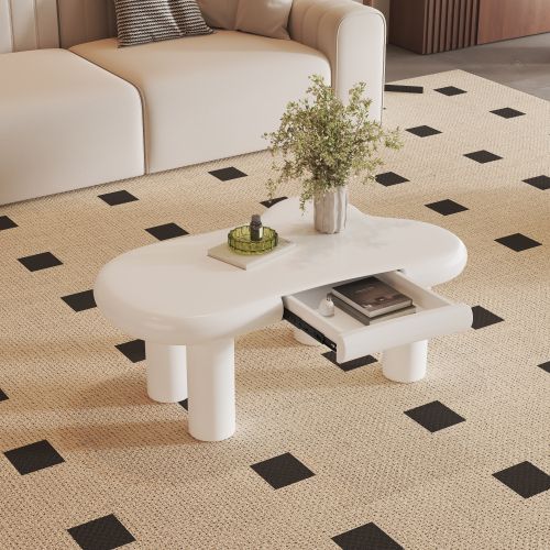 Table Basse En Forme De Nuage Avec Éclairage LED Et Tiroirs, 4 Pieds Ronds Creux, Blanc