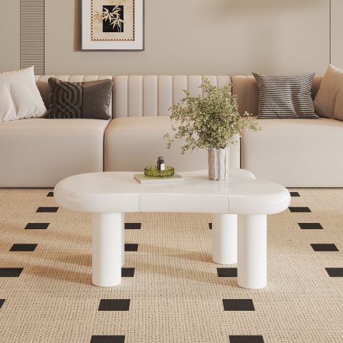 Table Basse En Forme De Nuage Avec Éclairage LED Et Tiroirs, 4 Pieds Ronds Creux, Blanc
