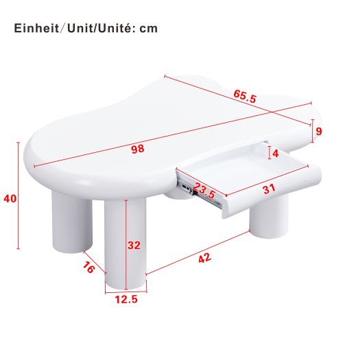 Table Basse En Forme De Nuage Avec Éclairage LED Et Tiroirs, 4 Pieds Ronds Creux, Blanc
