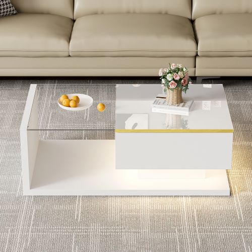 Table Basse De 90 Cm Avec Éclairage LED, Plateau En Verre, 1 Tiroir, Bordure Dorée, Blanc