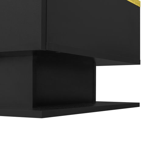 Table Basse De 90 Cm Avec Éclairage LED, Plateau En Verre, 1 Tiroir, Bordure Dorée, Noir