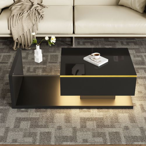 Table Basse De 100 Cm Avec Éclairage LED, Plateau En Verre, 1 Tiroir, Bordure Dorée, Noir