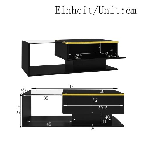 Table Basse De 100 Cm Avec Éclairage LED, Plateau En Verre, 1 Tiroir, Bordure Dorée, Noir
