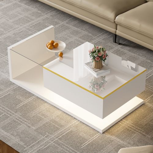 Table Basse De 100 Cm Avec Éclairage LED, Plateau En Verre, 1 Tiroir, Bordure Dorée, Blanc