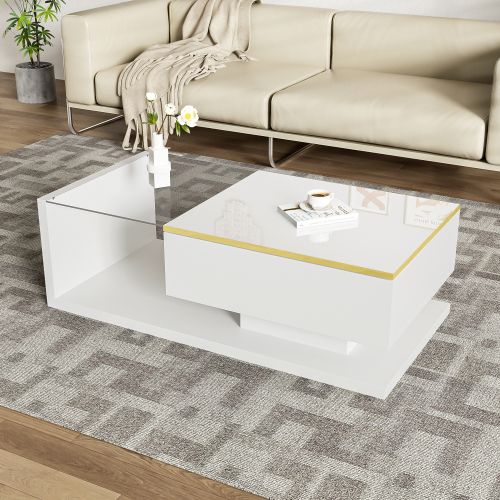 Table Basse De 100 Cm Avec Éclairage LED, Plateau En Verre, 1 Tiroir, Bordure Dorée, Blanc