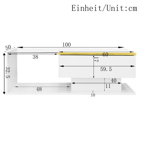Table Basse De 100 Cm Avec Éclairage LED, Plateau En Verre, 1 Tiroir, Bordure Dorée, Blanc